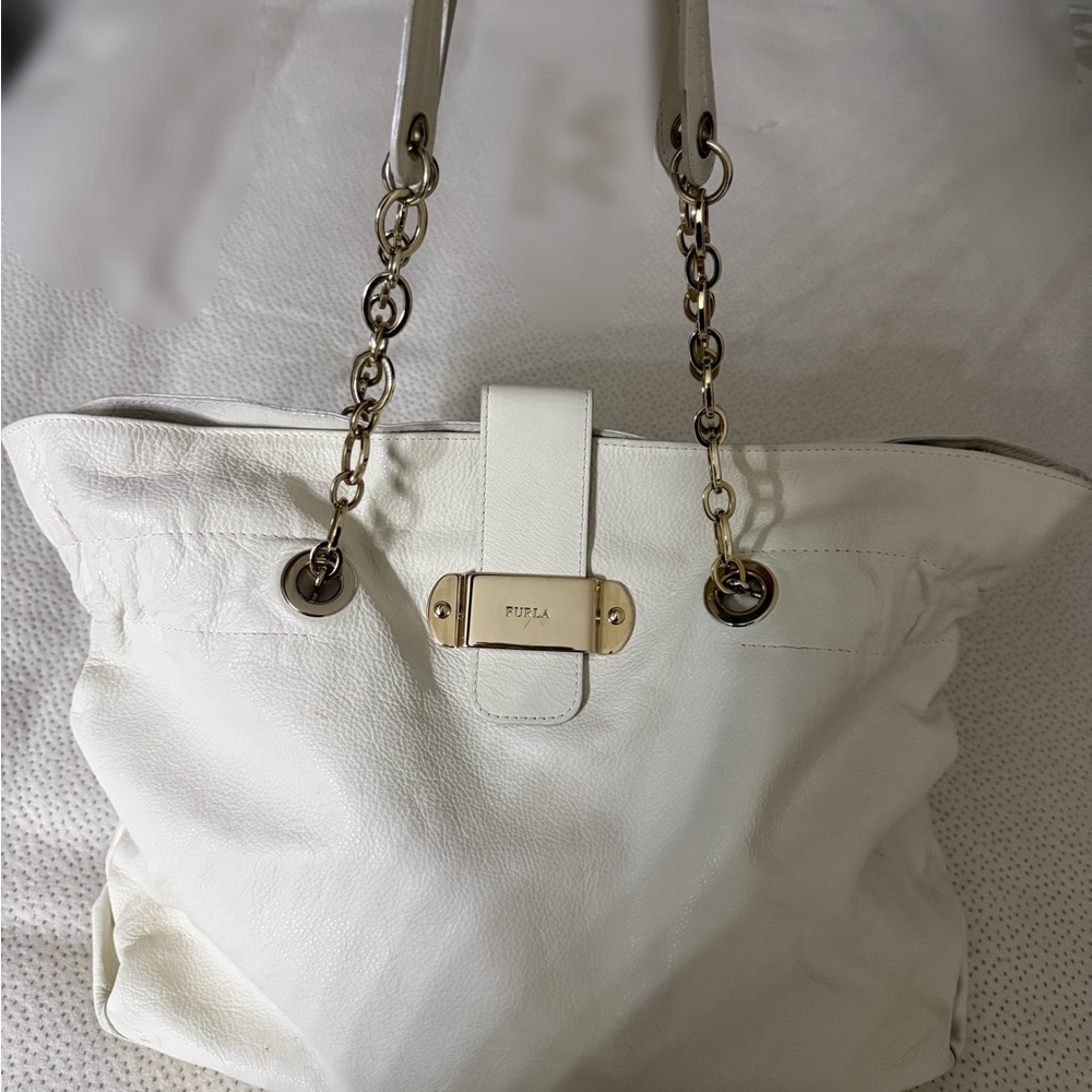 Furla Cream Leather Tote with Gold Accents